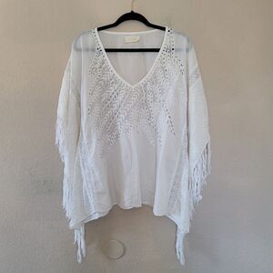 Love Sam 100% Cotton Fringed Kaftan White Top Sz Xs/S Boho Hippy Eyelet Coastal